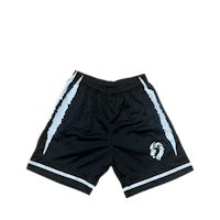 a black and white basketball short with a logo on it